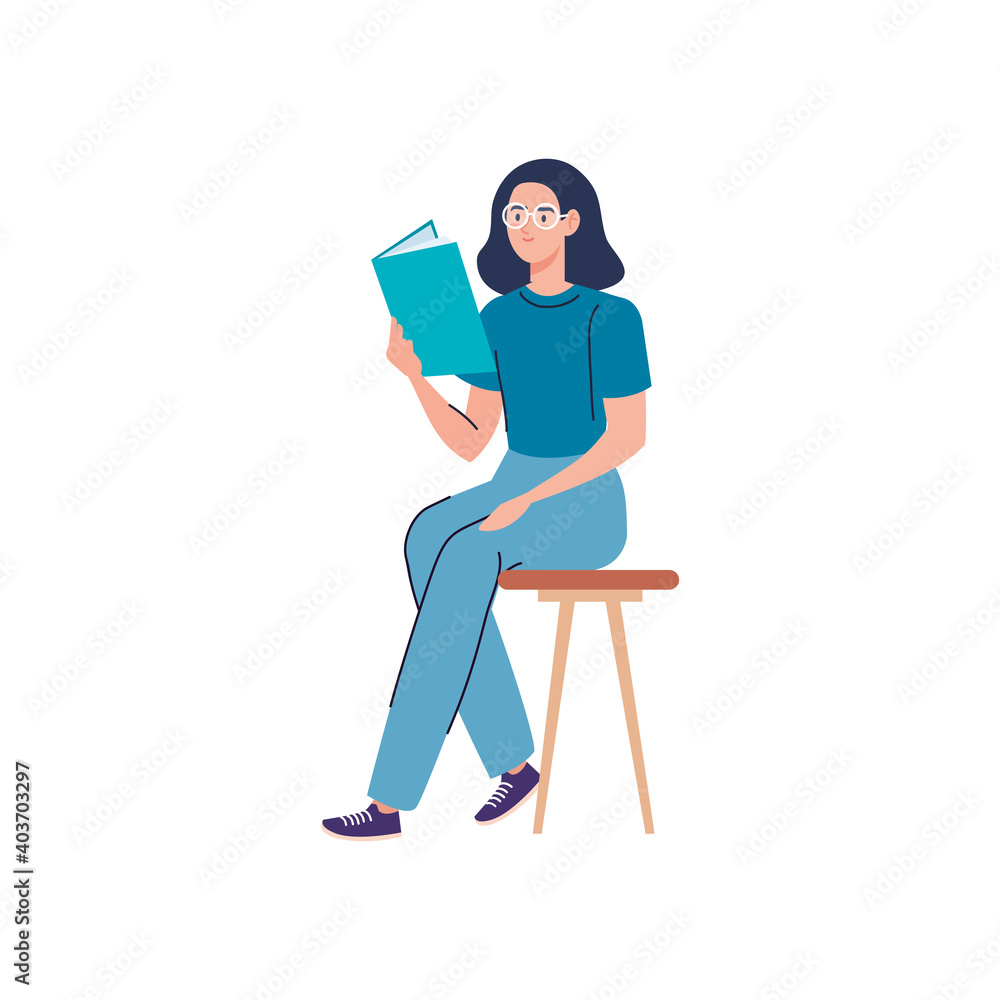 woman wearing eyeglasses reading text book seated in chair vector illustration design woman wearing eyeglasses reading text book seated in chair vector illustration design