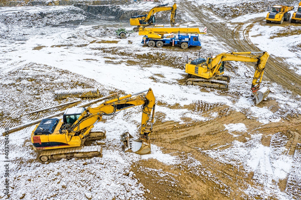 Aerial drone view on winter road construction in Polish Beskidy mountains