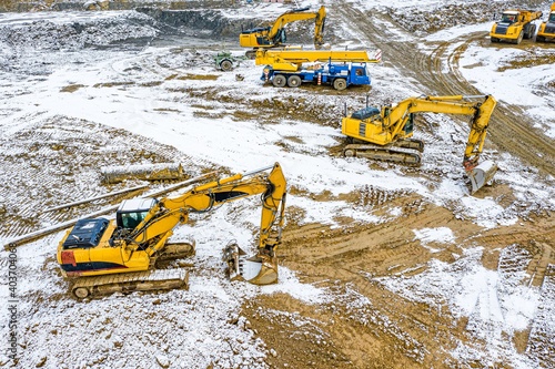 Obraz na płótnie Aerial drone view on winter road construction in Polish Beskidy mountains w salonie