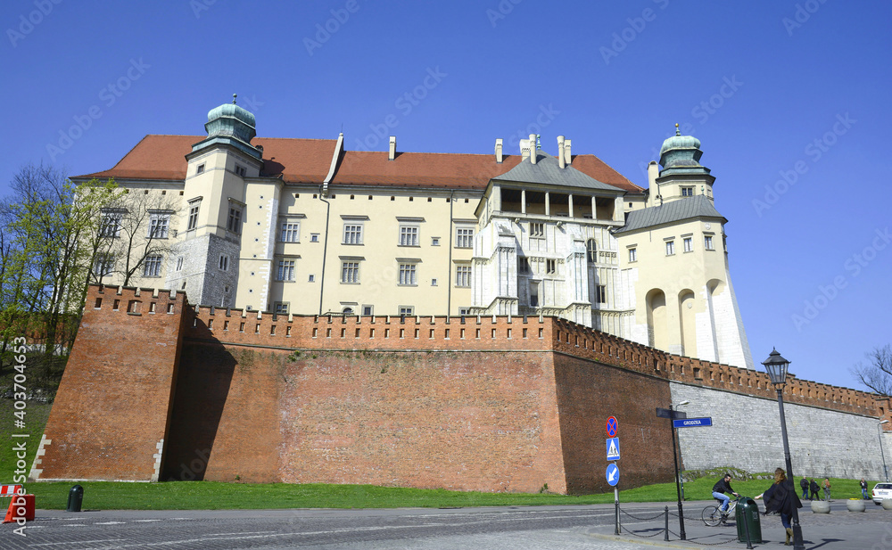 Royal Castle in Wawel. Krakow. Poland. 05.04.2020. Castle walls. The castle is located in the very center of Krakow. The castle houses a museum. Royal castle, cathedral, walls and castle system.