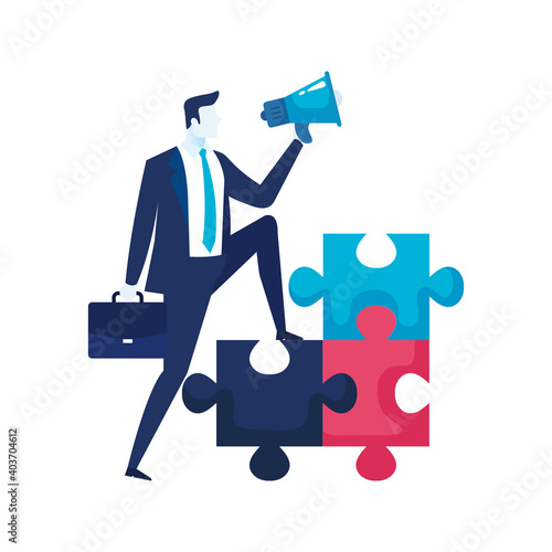elegant businessman worker climbing puzzle and megaphone vector illustration design