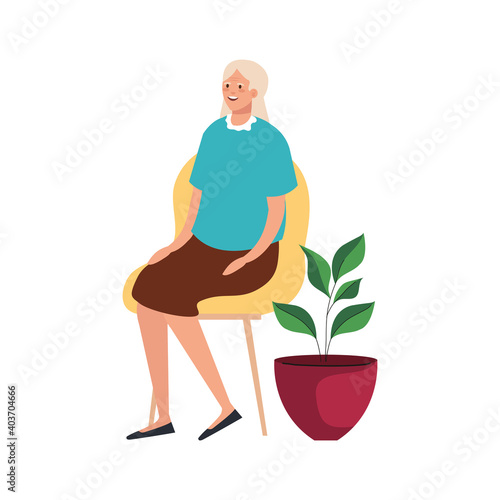 elderly old woman seated in chair and houseplant character vector illustration design