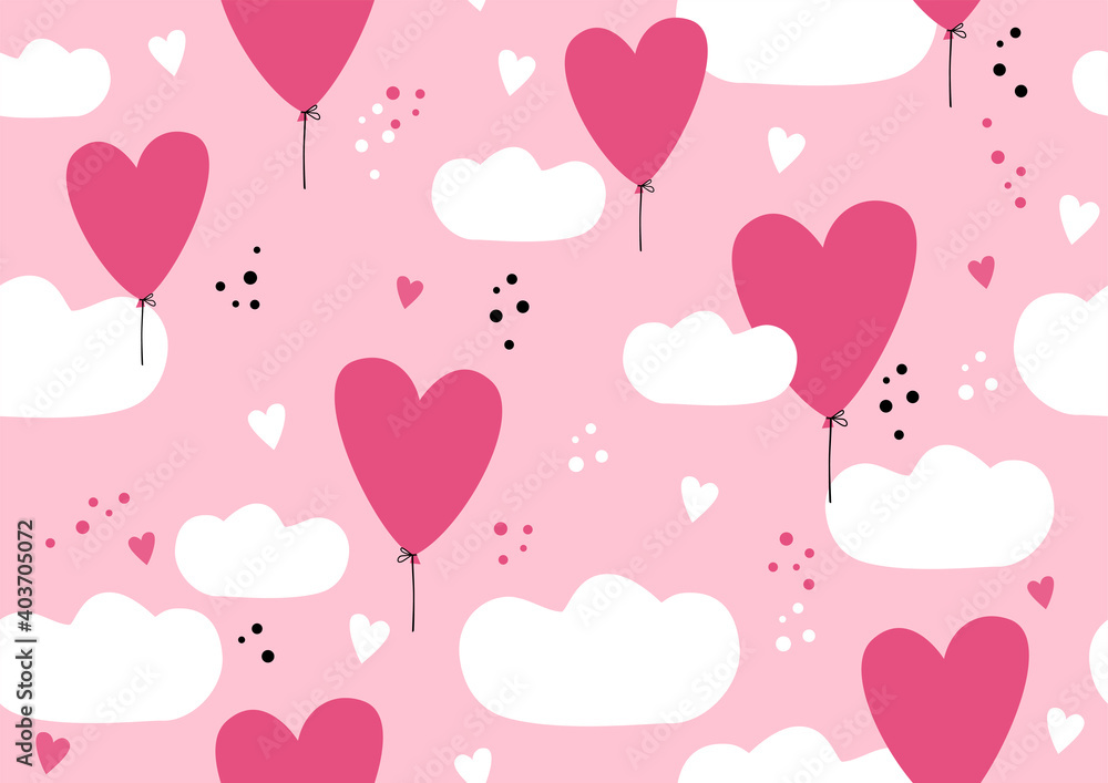 Seamless pattern with ballons hearts shapes and clouds