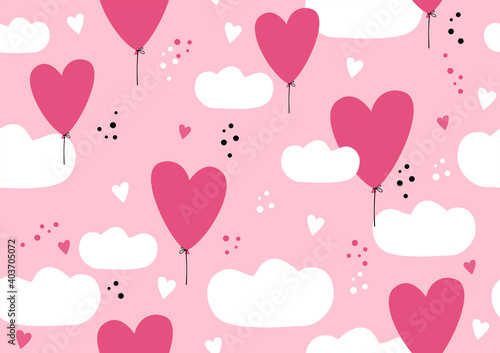 Seamless pattern with ballons hearts shapes and clouds