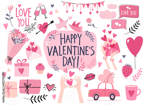 Valentine's Day greeting card with collection of design elements: hearts, romantic letters, presents, flowers, birds