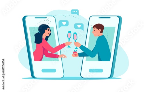Virtual relationships online dating and social distancing, video chat via smartphone application. Male and female searching for romantic partner in internet. Online dating concept.