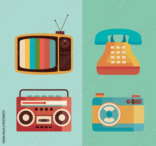 bundle of four retro devices icons vector illustration design