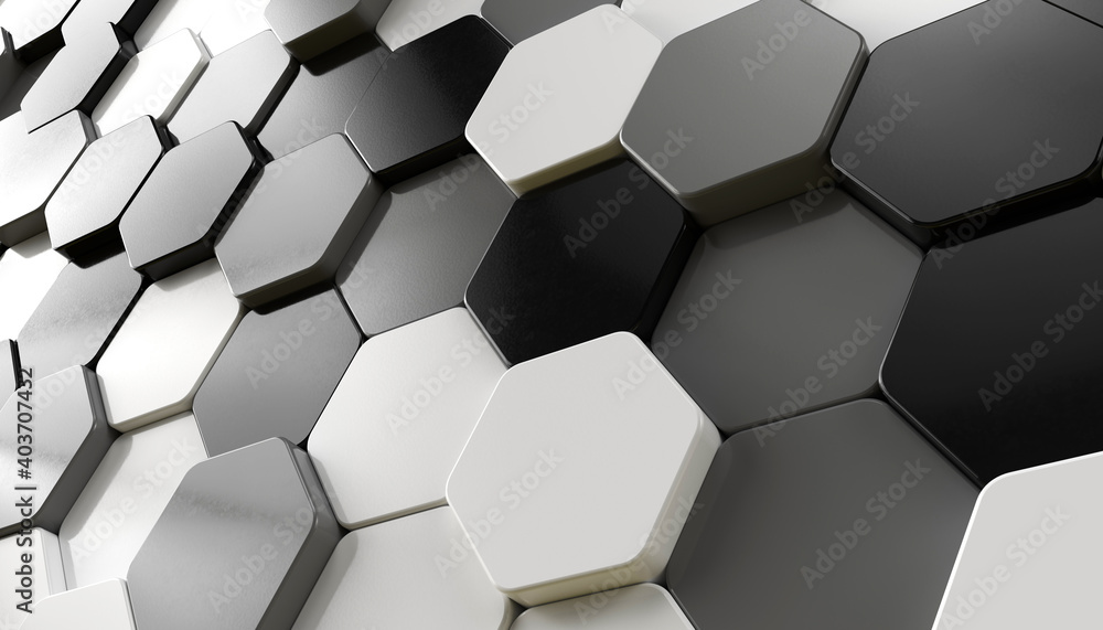 Black grey and white random positioned hexagon pattern background. greyscale abstract wallpaper, 3d render illustration. Black grey and white random positioned hexagon pattern background. greyscale abstract wallpaper, 3d render illustration.