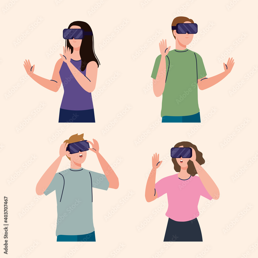 group of four young people using reality virtual masks technology vector illustration design group of four young people using reality virtual masks technology vector illustration design