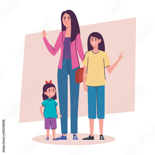 mother with daughters avatars characters vector illustration design