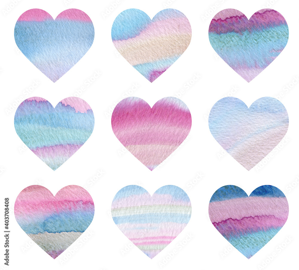Watercolor set of blue and pink gradient hearts. Valentine's day decoration. Hand-drawn illustration of rainbow hearts.