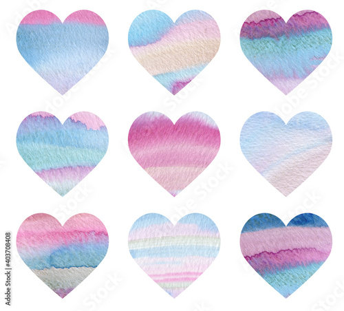Watercolor set of blue and pink gradient hearts. Valentine s day decoration. Hand-drawn illustration of rainbow hearts.