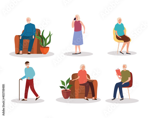 group of six elderly old people characters vector illustration design