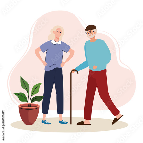 elderly old couple walking characters vector illustration design