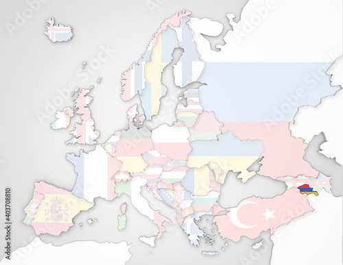 3D Europakarte auf der Armenien hervorgehoben wird und die restlichen Flaggen transparent sind