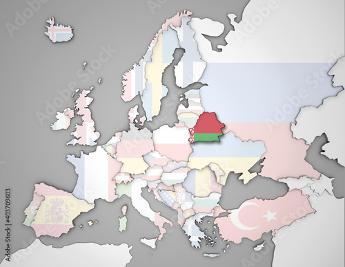 3D Europakarte auf der Weißrussland hervorgehoben wird und die restlichen Flaggen transparent sind