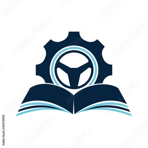 Driving school logo design. Steering wheel with Cog and book icon.