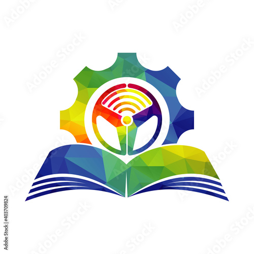 Driving school and Wi-Fi signals icon logo design. Steering wheel with Cog and book icon.