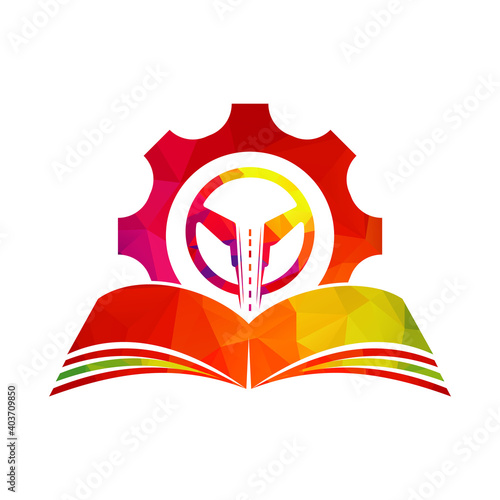 Driving school logo design. Steering wheel with Cog and book icon.