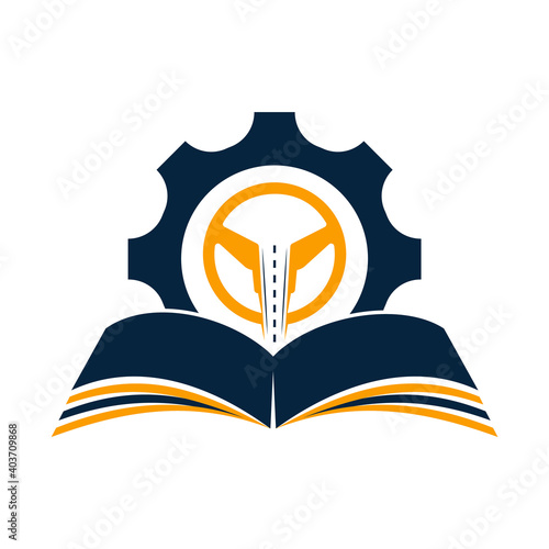 Driving school logo design. Steering wheel with Cog and book icon.