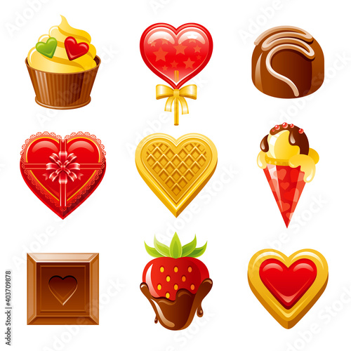 Valentine day food dessert icons. Vector flat love set. Heart illustration. Dating february design for gift tag, wedding invitation, greeting card. Cute cartoon Valentine's art with dessert menu