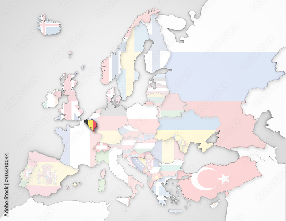 3D Europakarte auf der Belgien hervorgehoben wird und die restlichen Flaggen transparent sind