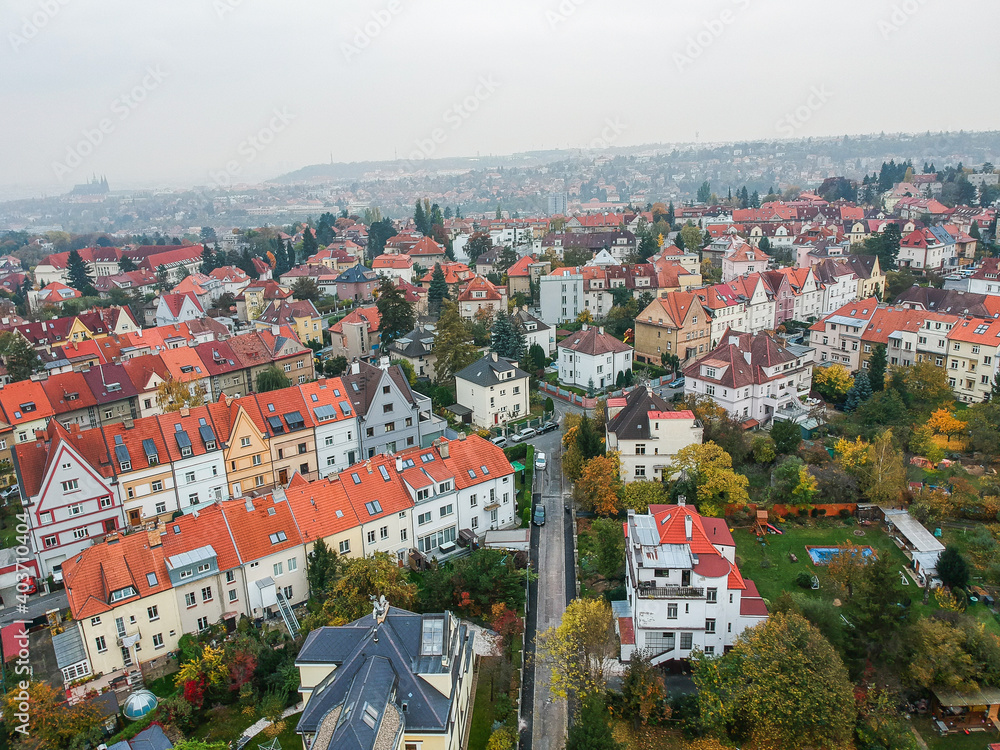 Prague, Czech republic - October 23, 2019. Aerial view on Hanspaulka - it is a luxury villa district in Dejvice with traditional architecture