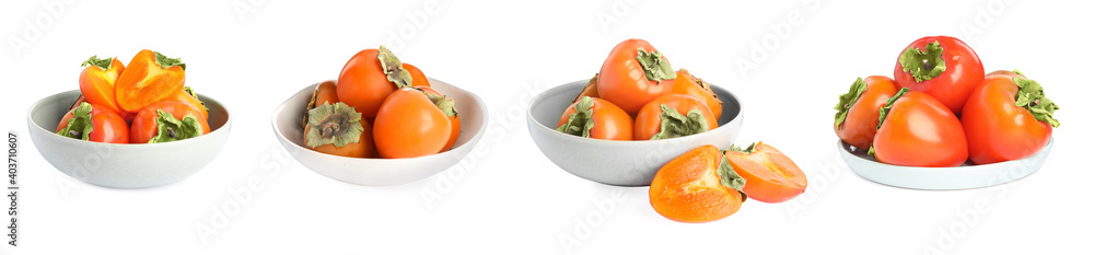 Set of delicious fresh ripe persimmons on white background. Banner design Set of delicious fresh ripe persimmons on white background. Banner design