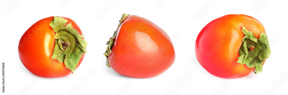 Set of delicious fresh ripe persimmons on white background. Banner design Set of delicious fresh ripe persimmons on white background. Banner design