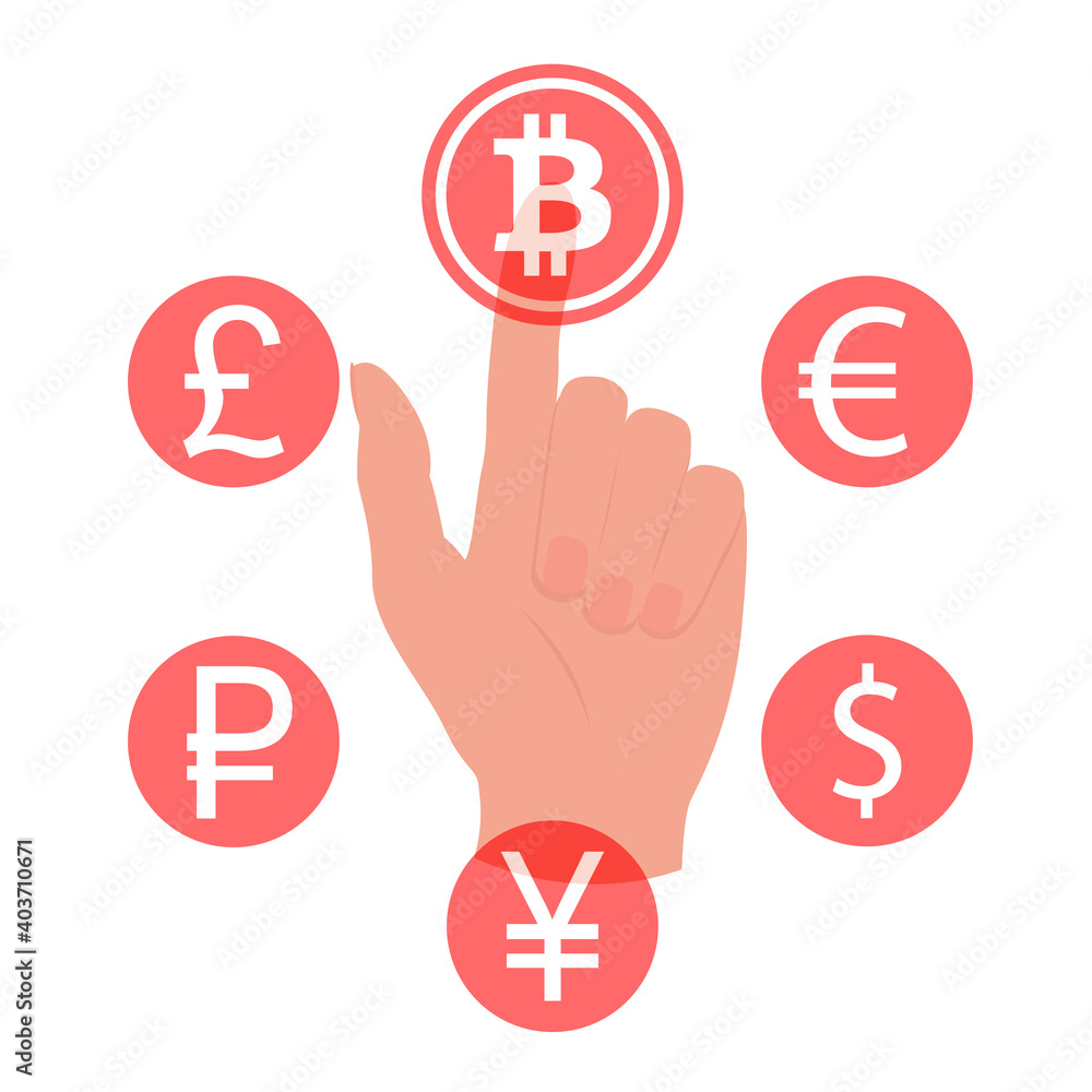 Hand touching, pressing or pointing a bitcoin button with index finger. Isolated vector illustration on white background. Hand touching, pressing or pointing a bitcoin button with index finger. Isolated vector illustration on white background.