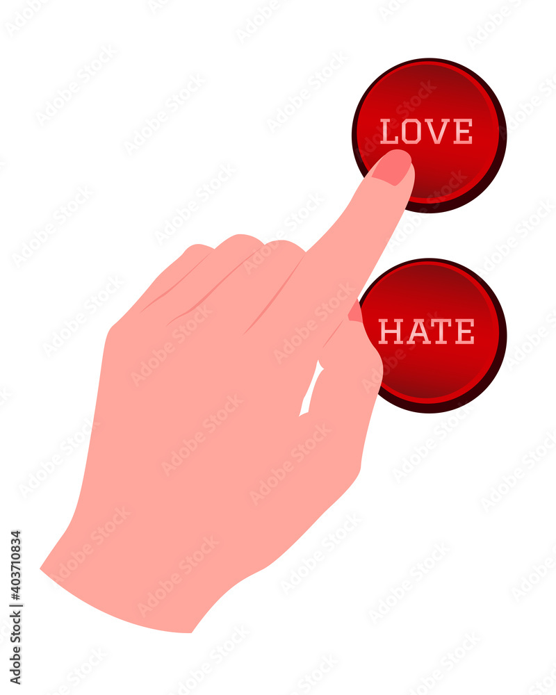 Hand touching, pressing or pointing a Love button with index finger. Isolated vector illustration on white background.	