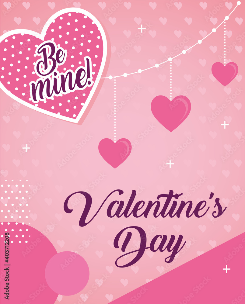 valentines day poster lettering with hearts hanging vector illustration design