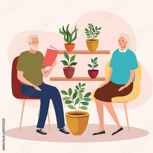 elderly old couple seated in the chair in the garden vector illustration design