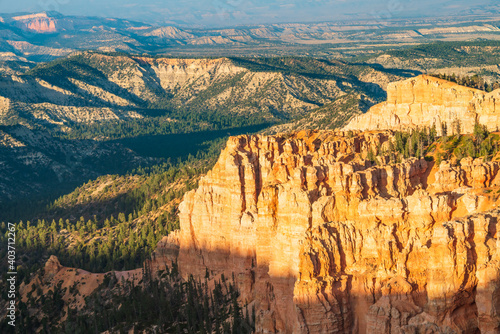 Bryce Canyon National Park amphitheater. Sandstone spires and pine tree forest at sunset