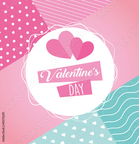 valentines day poster lettering with hearts in circular frame vector illustration design
