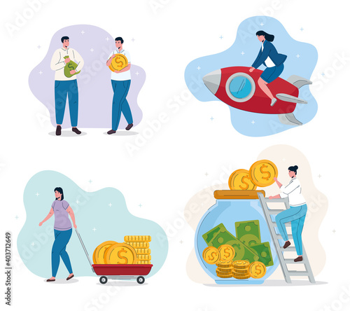business people teamworkers and money set icons vector illustration design