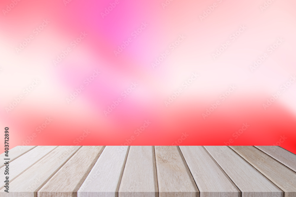 Mockup for display of product. Wooden shelf desk with blurred background is red abstract background. Mockup for display of product. Wooden shelf desk with blurred background is red abstract background.