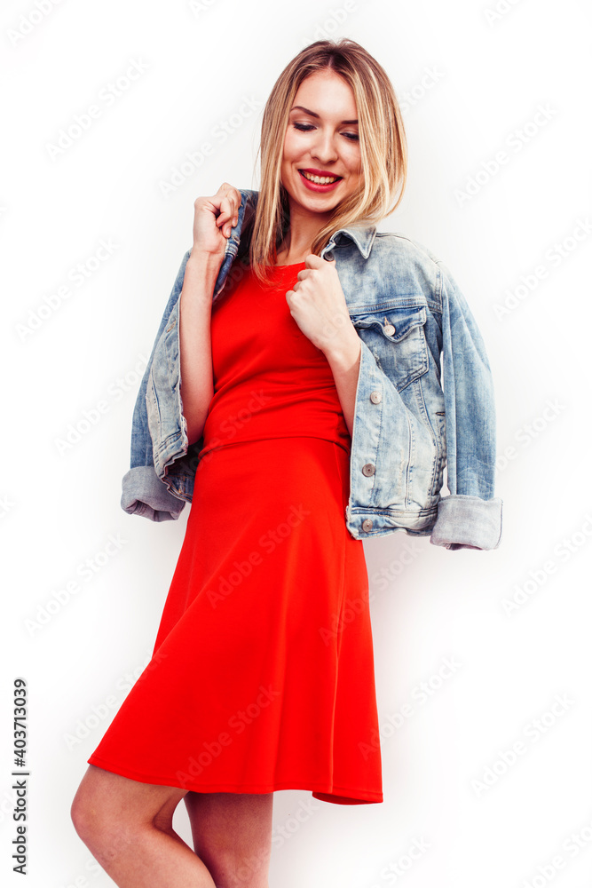 Naklejka premium young pretty blond woman thinking smiling showing to copyspace isolated on white