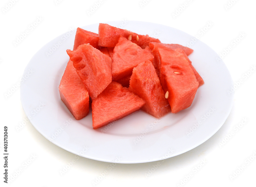 watermelon slices isolated in plate on white background watermelon slices isolated in plate on white background