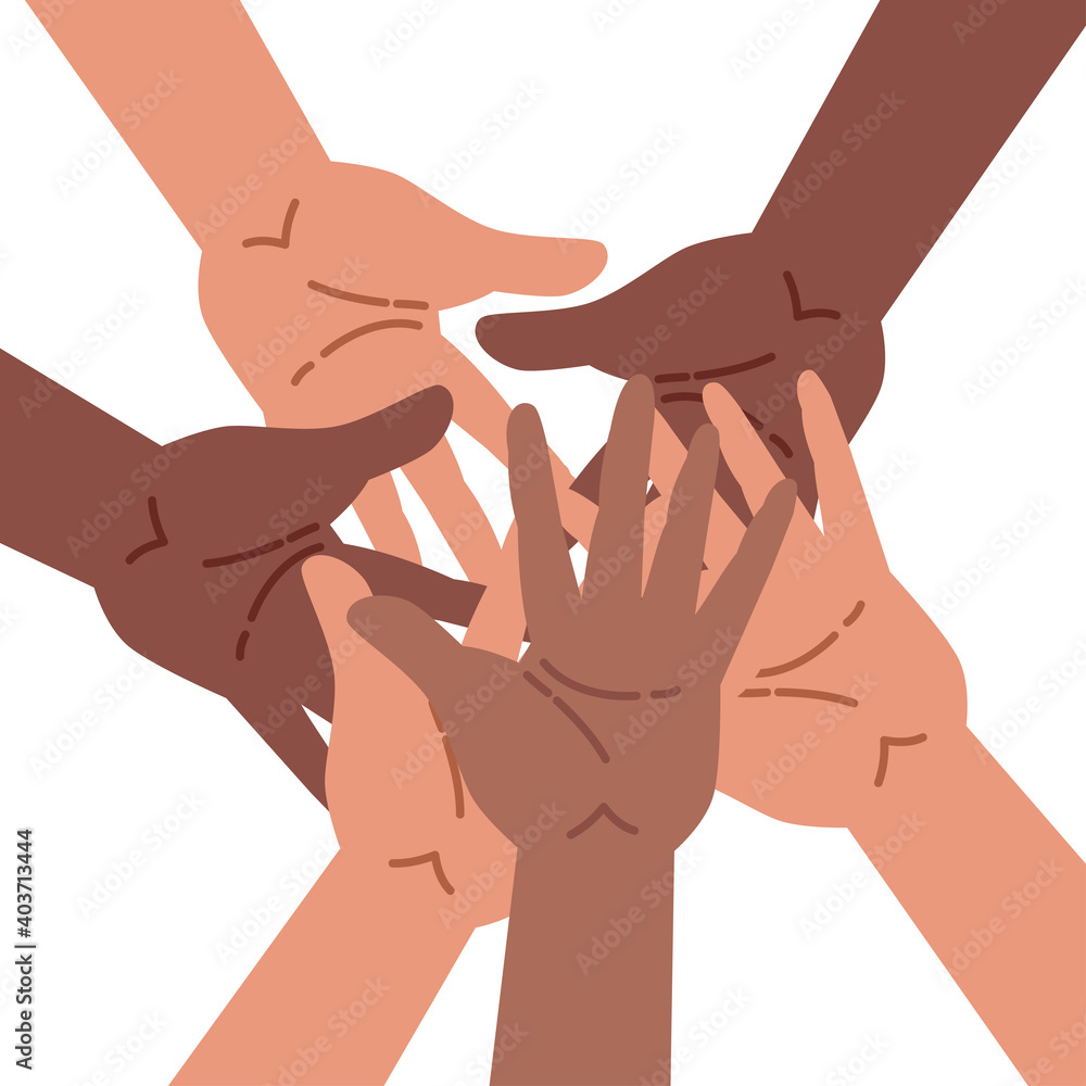 Hands of a diverse group of people putting together. Flat cartoon vector illustration. Concept of cooperation, unity, togetherness, partnership, agreement, teamwork, social community, or movement. Stock Vector | Adobe Stock Hands of a diverse group of people putting together. Flat cartoon vector illustration. Concept of cooperation, unity, togetherness, partnership, agreement, teamwork, social community, or movement. Stock Vector | Adobe Stock