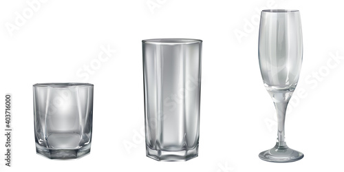 Three empty glasses for different bar drinks.