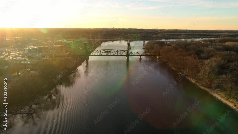 Aerial ascent over Mississippi River, with both Hastings bridges in view Aerial ascent over Mississippi River, with both Hastings bridges in view