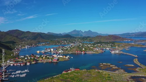 Ballstad Village Harbour Sheltered Waters in Summertime, Norway, Drone Wide View photo