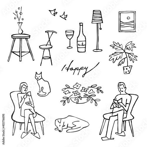 ステイホームを楽しむ男女のイラスト