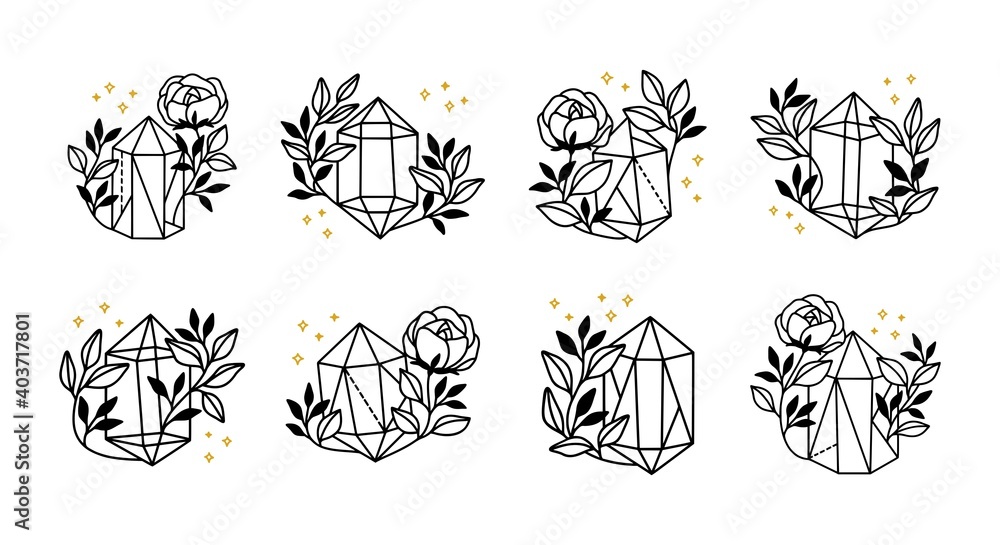 Fototapeta premium Collection of hand drawn magical elements with crystal, flower, stars & leaf branch for feminine icon, beauty logo, emblem, and other purposes