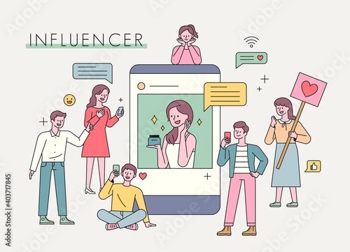 Influencer advertising marketing. Celebrities are advertising on social networks and people are gathering around. flat design style minimal vector illustration.