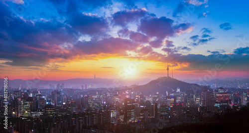 Best View of Seoul City Skyline and Seoul Tower at Sunrise South Korea
