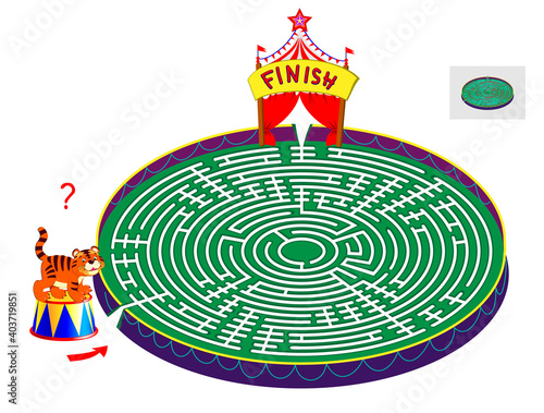 Logic puzzle game with labyrinth for children and adults. Help the little tiger find the way from start to finish. Worksheet for kids brain teaser book. IQ test. Play online. Vector illustration.