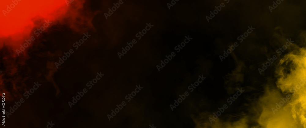 Abstract red and yellow smoke on the floor . Isolated black background . Misty fog effect texture overlays for text or space . Stock illustration.