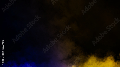 Yellow and blue mystery fire fog texture overlays for text or space. Smoke chemistry, mystery effect on isolated background. Stock illustration.